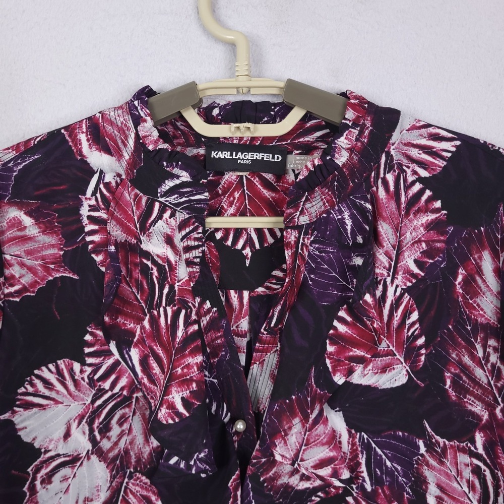 Karl Lagerfeld Paris Blouse Womens XS Pearl Button Floral Leaf Printed Ruffle - Picture 5 of 12